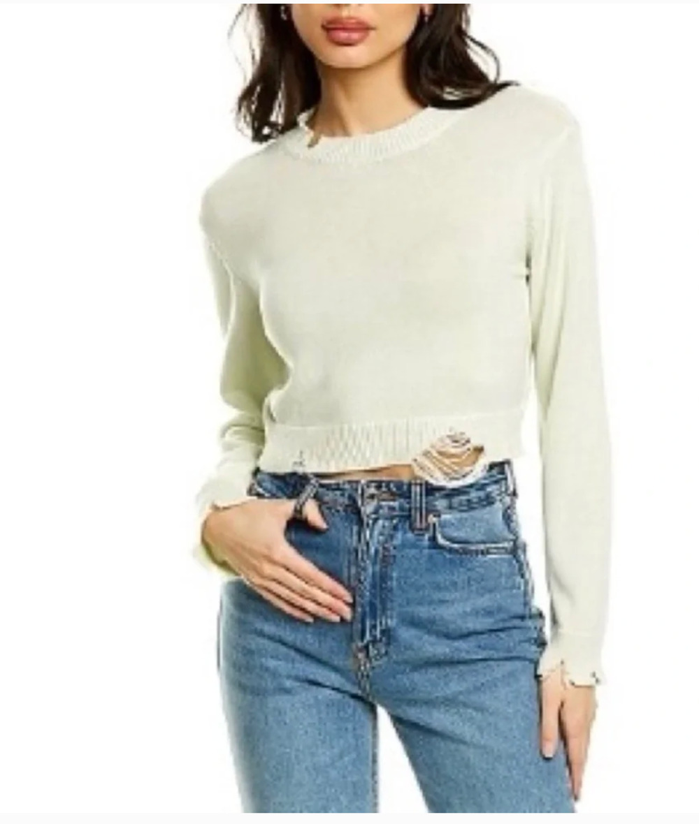 525 America Revolve Distressed Cropped Cotton Sweater White Sage XS